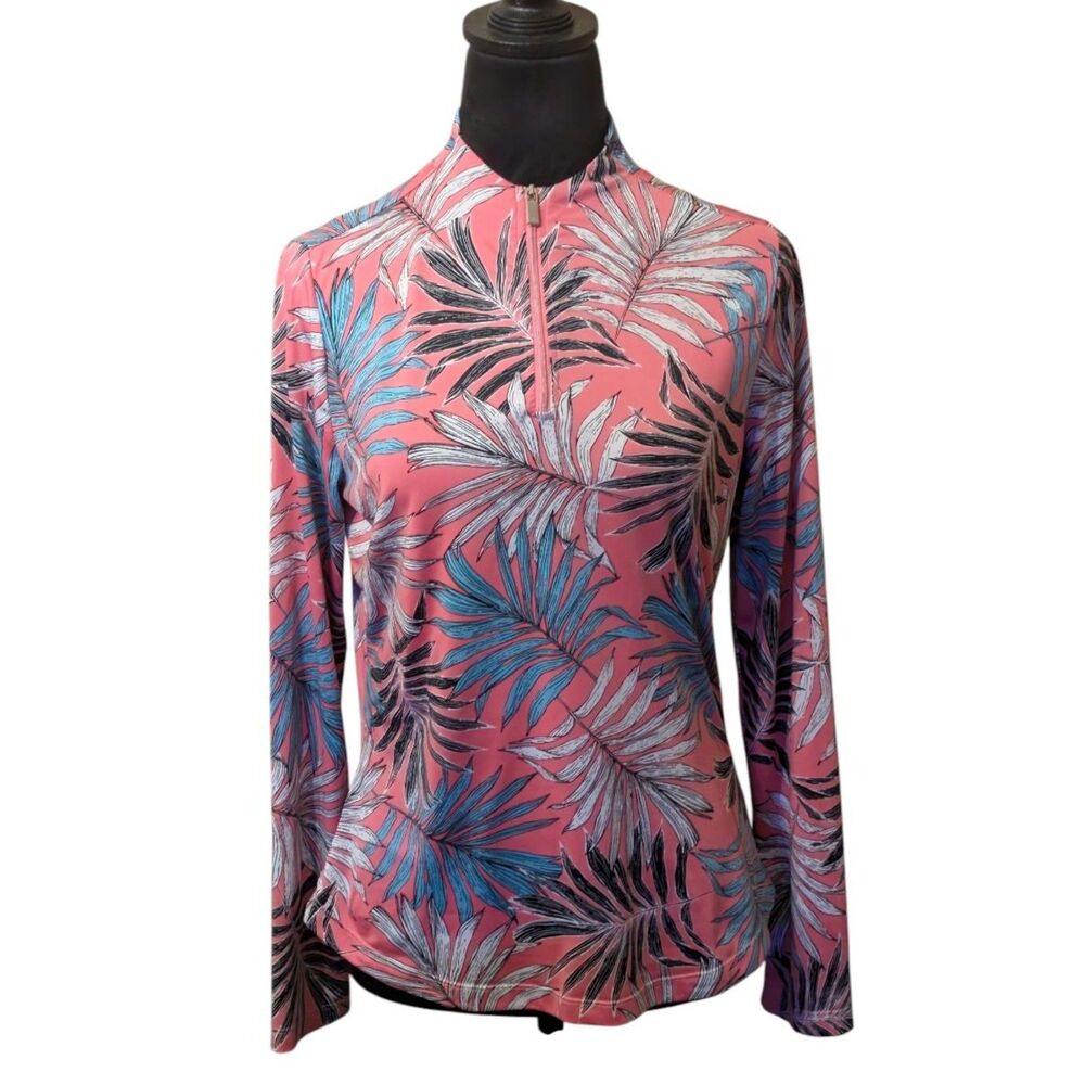 Tail White Label Tropical Palm Print Quarter Zip Top Gulf Size S
